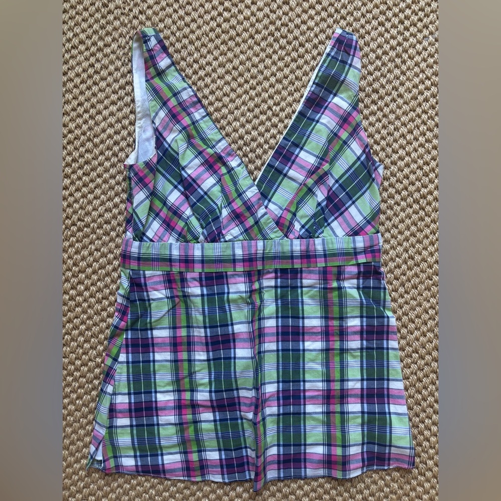 J. Crew Cotton Plaid Crossover Top in Pink, Green & Navy Size 2